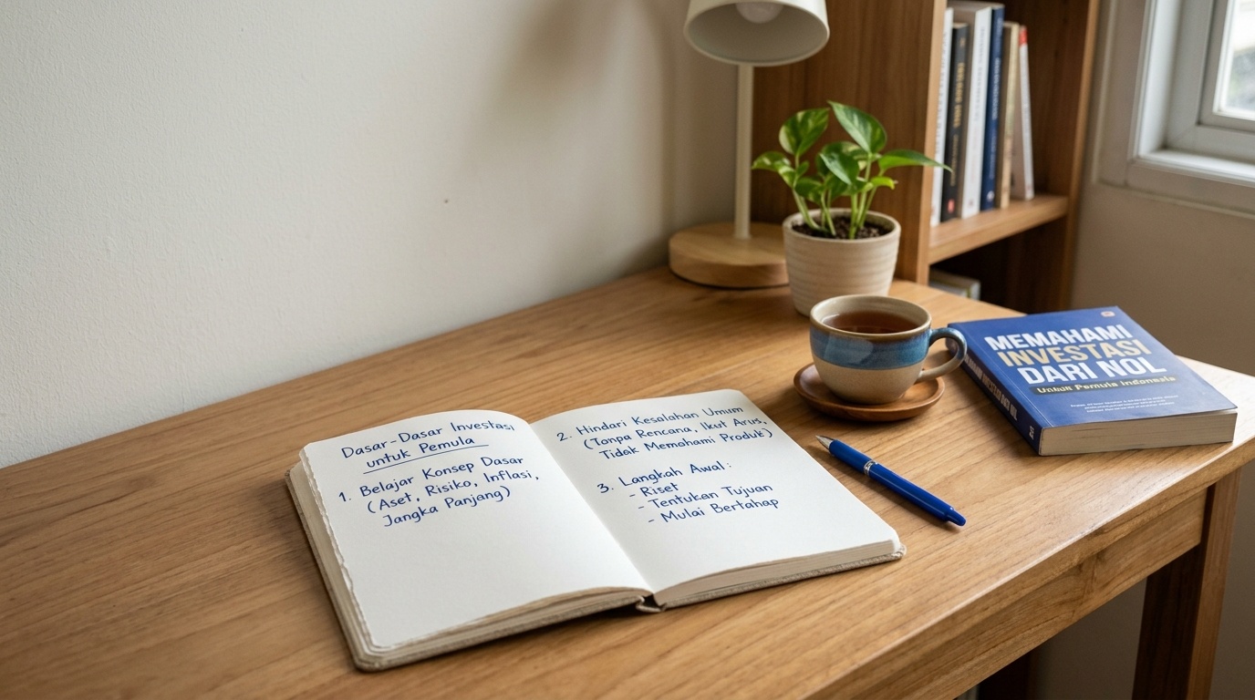 Lerntisch mit Notizen zu den ersten Schritten beim Investieren und einer Tasse Tee