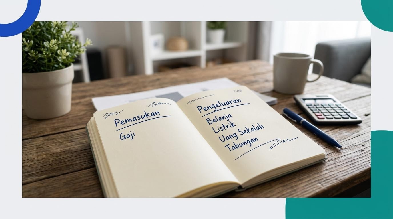 Haushaltsbuch mit Einnahmen und Ausgaben sowie einem Stift auf einem Tisch